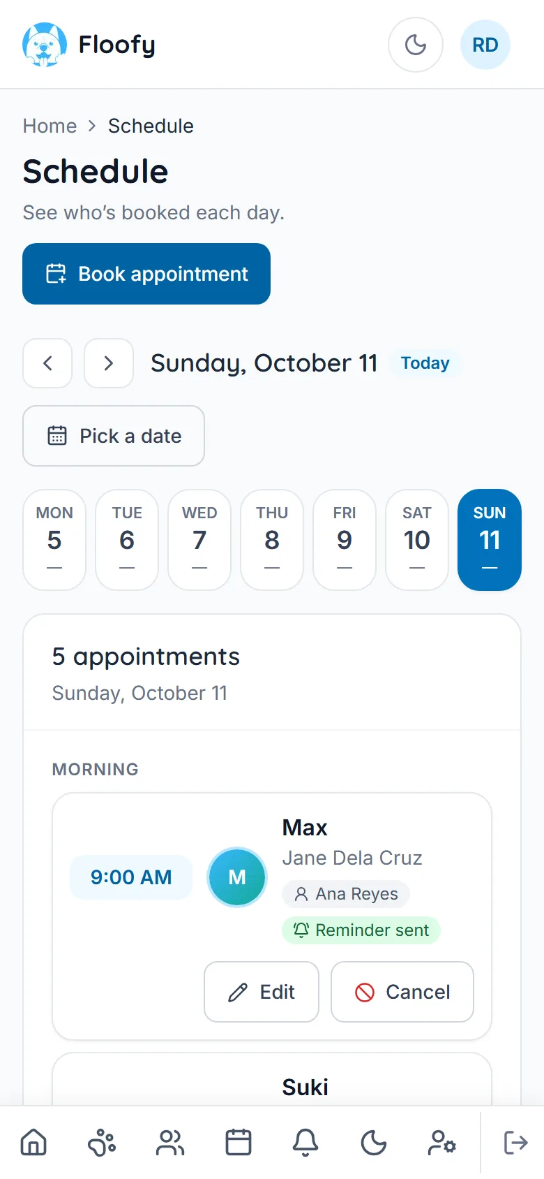 Floofy schedule on a phone, listing the day’s grooming appointments